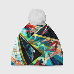 Шапка с помпоном Яркий абстрактный узор с неоновыми штрихами, цвет: 3D-белый