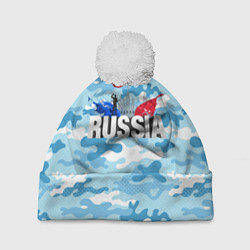 Шапка с помпоном Russia: синий камфуляж, цвет: 3D-белый