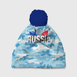 Шапка с помпоном Russia: синий камфуляж, цвет: 3D-тёмно-синий