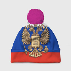 Шапка с помпоном Герб России на фоне флага, цвет: 3D-малиновый