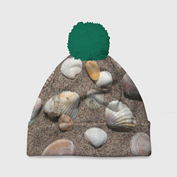 Шапка с помпоном Композиция из ракушек на песке, цвет: 3D-зеленый