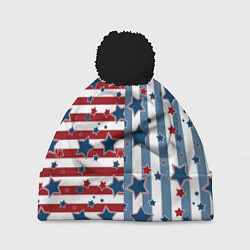 Шапка с помпоном Blue stars on a striped pattern, цвет: 3D-черный