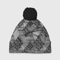 Шапка с помпоном Black and White Ethnic Patchwork Pattern, цвет: 3D-черный