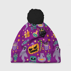 Шапка с помпоном Happy Halloween - holiday pattern, цвет: 3D-черный