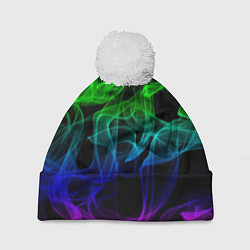 Шапка с помпоном Разноцветный неоновый дым, цвет: 3D-белый