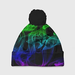 Шапка с помпоном Разноцветный неоновый дым, цвет: 3D-черный