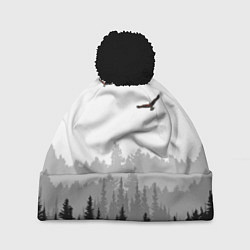 Шапка с помпоном Птицы над лесом, цвет: 3D-черный