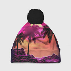 Шапка c помпоном Пальмы и пляж в розовом закате ретро дизайн