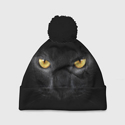 Шапка c помпоном Чёрная кошка с оранжевыми глазами