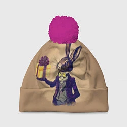 Шапка с помпоном Кролик в костюме с подарком, цвет: 3D-малиновый