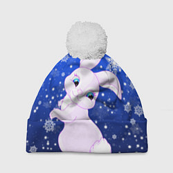 Шапка с помпоном Кролик на фоне снежинок, цвет: 3D-белый