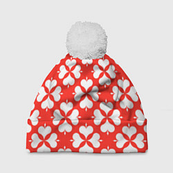 Шапка с помпоном Четырехлистный клевер красный, цвет: 3D-белый