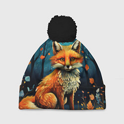 Шапка с помпоном Лиса в Folk Art стиле, цвет: 3D-черный