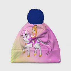 Шапка с помпоном Принцесса с золотыми волосами на лошади, цвет: 3D-тёмно-синий