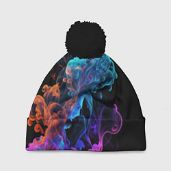 Шапка с помпоном Неоновый цветной дым на черном фоне, цвет: 3D-черный