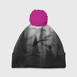 Шапка с помпоном Красивый лес и туман, цвет: 3D-малиновый