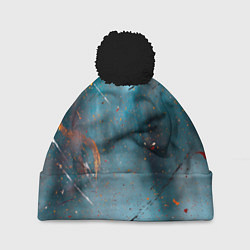 Шапка с помпоном Абстрактный синий туман, силуэты и краски, цвет: 3D-черный