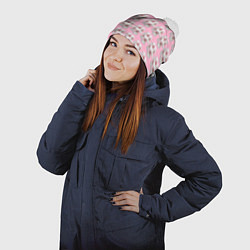 Шапка с помпоном Flowers on a pink background, цвет: 3D-белый — фото 2