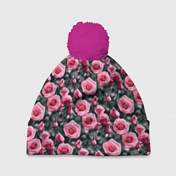 Шапка с помпоном Кусты розовых роз на сером фоне, цвет: 3D-малиновый