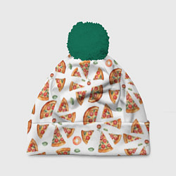 Шапка с помпоном Кусочки пиццы - паттерн на белом, цвет: 3D-зеленый