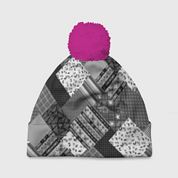 Шапка с помпоном Черно белый лоскутный узор, цвет: 3D-малиновый