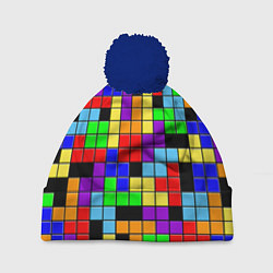 Шапка с помпоном Тетрис цветные блоки, цвет: 3D-тёмно-синий
