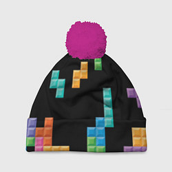 Шапка с помпоном Тетрис падающие блоки, цвет: 3D-малиновый