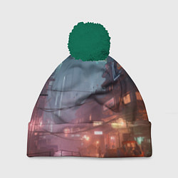 Шапка с помпоном Киберпанк город будущего, цвет: 3D-зеленый