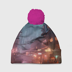 Шапка с помпоном Киберпанк город будущего, цвет: 3D-малиновый