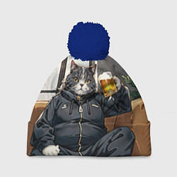 Шапка с помпоном Толстый кот со стаканом пива, цвет: 3D-тёмно-синий