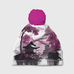 Шапка c помпоном Японские мотивы - фиолетовый