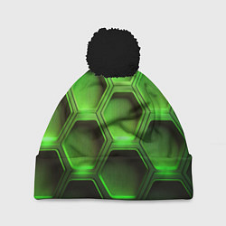 Шапка с помпоном Объемные зеленые соты, цвет: 3D-черный