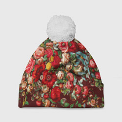 Шапка с помпоном Платок цветочный узор, цвет: 3D-белый