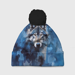 Шапка с помпоном Голова волка на ледяном фоне, цвет: 3D-черный
