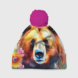 Шапка с помпоном Морда медведя гризли с цветами акварелью, цвет: 3D-малиновый