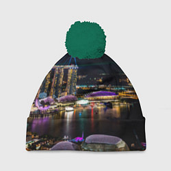 Шапка с помпоном Ночной город красочный, цвет: 3D-зеленый
