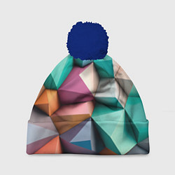 Шапка с помпоном Полигональные объемные кубы и тетраэдры в пастельн, цвет: 3D-тёмно-синий