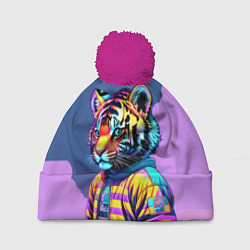Шапка с помпоном Cool tiger cub - pop art, цвет: 3D-малиновый