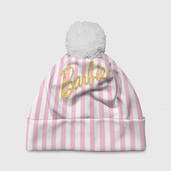Шапка с помпоном Barbie - золотая надпись и бело-розовые полосы, цвет: 3D-белый