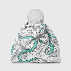 Шапка с помпоном Дракон Хаку в стиле тату: белый и бирюзовый паттер, цвет: 3D-белый