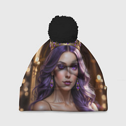 Шапка с помпоном Девушка с фиолетовыми волосами в короне, цвет: 3D-черный