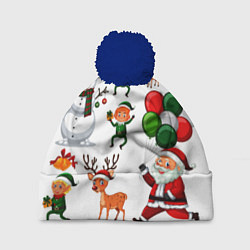 Шапка с помпоном Зимний праздник - деды морозы гномы олени, цвет: 3D-тёмно-синий