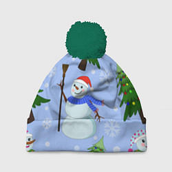 Шапка с помпоном Снеговики с новогодними елками паттерн, цвет: 3D-зеленый