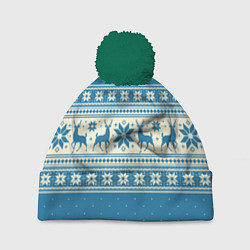 Шапка c помпоном Sweater with deer on a blue background
