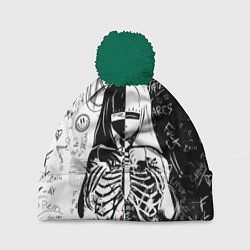 Шапка с помпоном Чернобелая девушка скелет, цвет: 3D-зеленый