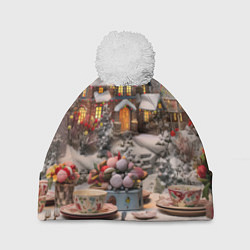 Шапка c помпоном Объемные новогодние домики