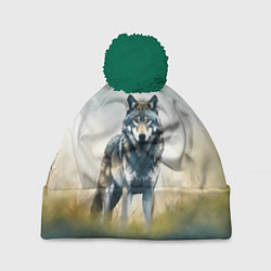 Шапка с помпоном Минималистичный пейзаж с волком акварель, цвет: 3D-зеленый