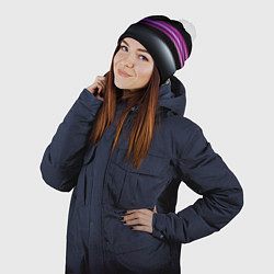 Шапка с помпоном Фиолетовые полосы на черном фоне, цвет: 3D-белый — фото 2