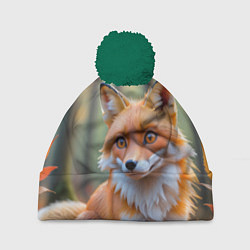Шапка с помпоном Портрет лисы в осеннем лесу, цвет: 3D-зеленый