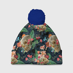 Шапка с помпоном Узор из черепов с цветами и листьями, цвет: 3D-тёмно-синий